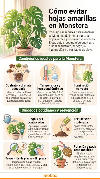 Infografía sobre el cuidado de la Monstera con ilustraciones de plantas, macetas, regadera, termómetro, lupa y tijeras de podar.