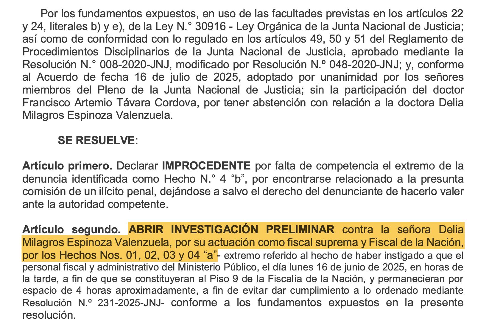 JNJ inicia investigación preliminar contra Delia Espinoza.