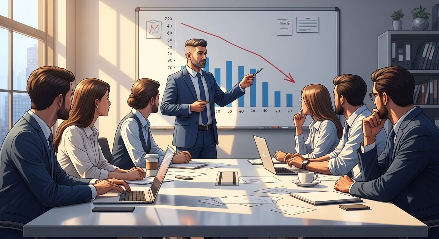 Un gerente presenta un gráfico descendente a un grupo de empleados atentos, destacando una tendencia negativa y la urgencia colectiva para abordar la situación en una moderna sala de reuniones. (Imagen Ilustrativa Infobae)