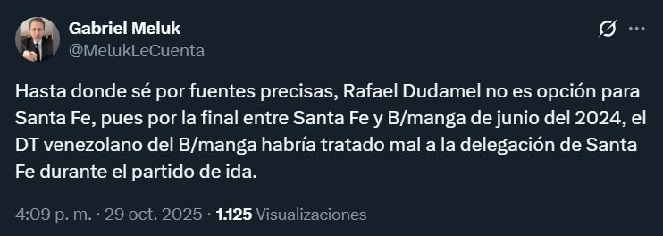 Este sería el motivo por el que Dudamel no llega a Santa Fe- crédito @MelukLeCuenta/X