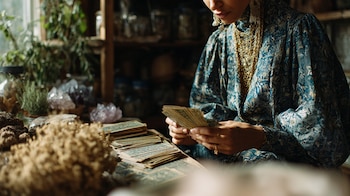 Tarotista esotérico haciendo adivinación con