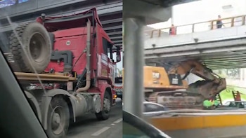 Un tráiler queda atorado bajo el puente de la avenida Aviación y paraliza la vía expresa de Javier Prado