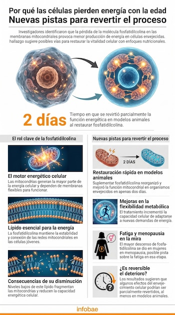 Infografía ilustra células envejecidas y jóvenes con mitocondrias, membranas celulares, y gráficos sobre el efecto de la fosfatidilcolina en la energía celular.