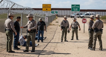 Una patrulla texana detiene a varias personas junto a una cerca fronteriza; agentes con uniformes marrón claro y sombreros supervisan la situación en el desierto.