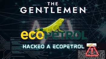 Texto "THE GENTLEMEN", "ECOPETROL" y "HACKEO A ECOPETROL", un lagarto estilizado, códigos binarios, circuitos electrónicos y una red de puntos.