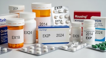 Vista cercana de varios medicamentos en frascos, cajas y blísteres, mostrando etiquetas con números como 2014, 2019 y 2024 que indican fechas de vencimiento.