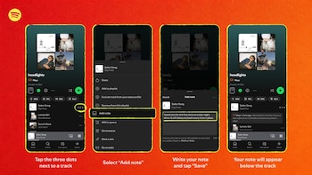 Cuatro pantallas de teléfono móvil muestran la aplicación Spotify, una playlist, canciones y un campo de texto para añadir notas