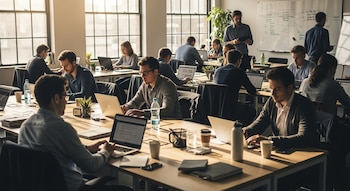 Un grupo de personas trabaja en una oficina de planta abierta con luz natural. Varios individuos usan laptops en escritorios, con un ambiente de productividad.