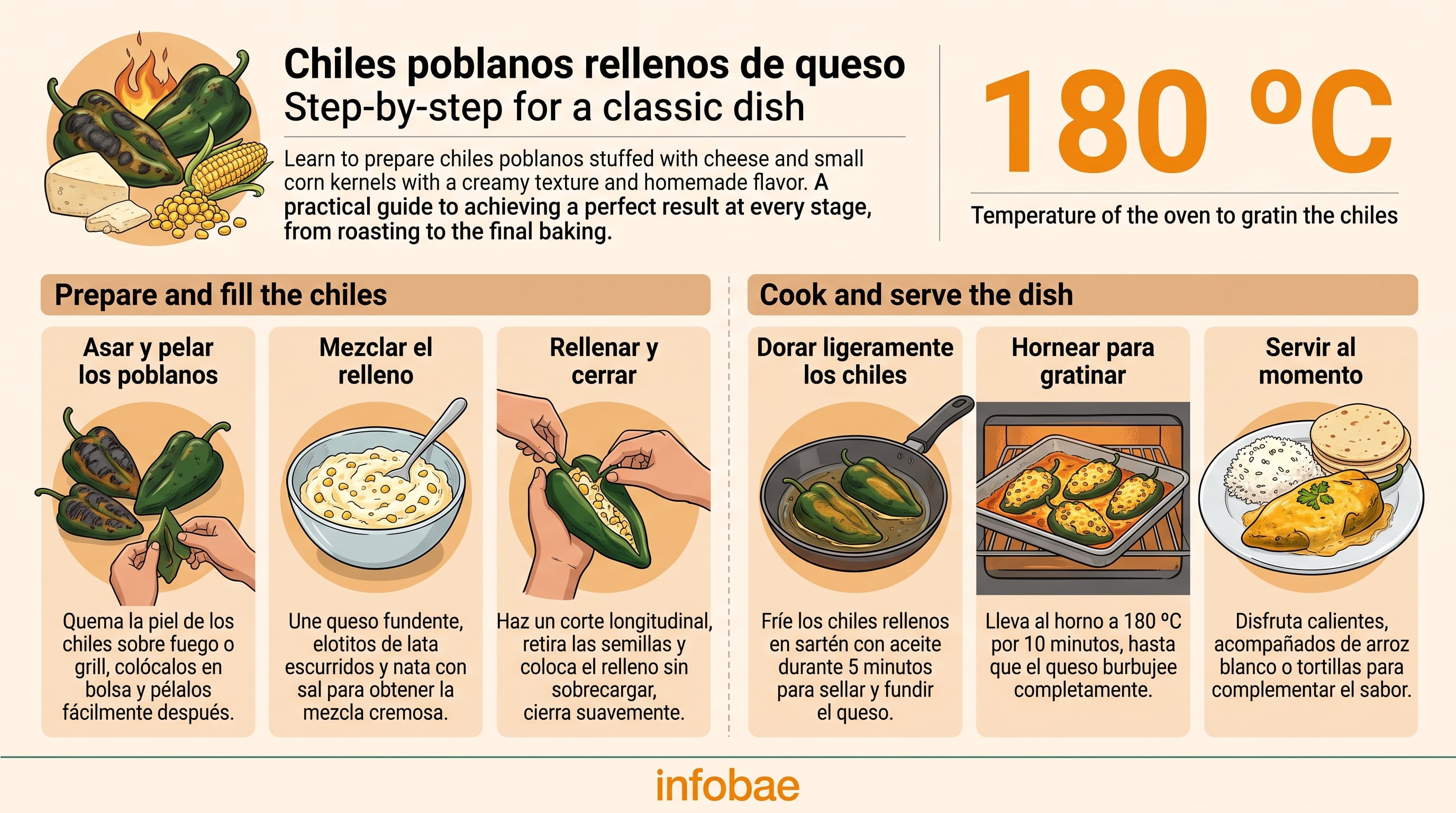Una infografía de Infobae explica los seis pasos para preparar chiles poblanos rellenos de queso y maíz. (Imagen Ilustrativa Infobae)