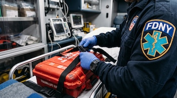 Manos con guantes azules que ajustan una correa en una caja roja colocada sobre una camilla dentro de una ambulancia.