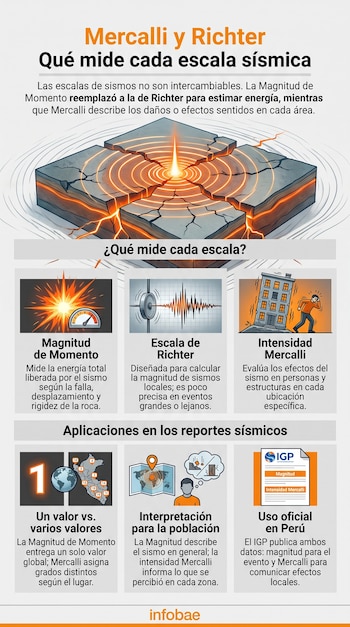Infografía explicativa con esquemas de fallas geológicas, gráficos de sismogramas, mapas del Perú y logotipos informativos.