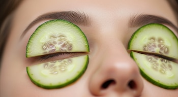Primer plano del rostro de una persona con los ojos cerrados y dos rodajas de pepino colocadas sobre cada párpado.