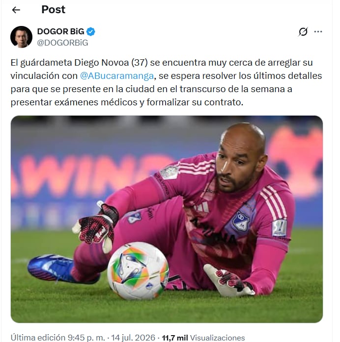 Post sobre la posible llegada de Diego Novoa a Atlético Bucaramanga - crédito X