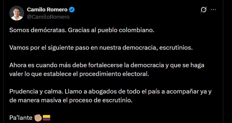 hizo un llamado a la calma y le pidió a los abogados y abogadas del país a acompañar de manera masiva el proceso de escrutinio electoral - crédito @CamiloRomero/X
