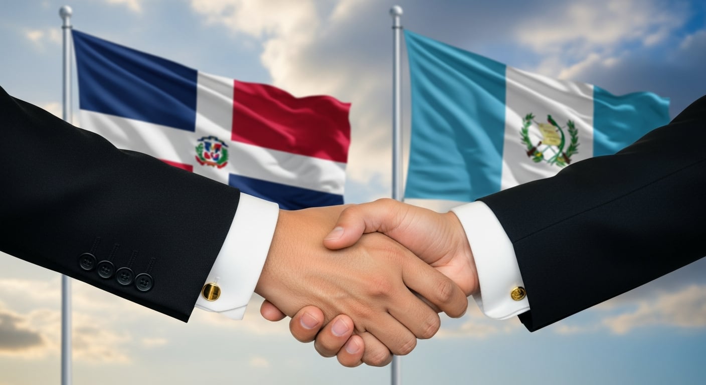 Representantes de República Dominicana y Guatemala se dan la mano en señal de cooperación y fortalecimiento de relaciones bilaterales, con sus banderas ondeando al fondo. (Imagen Ilustrativa Infobae)