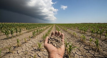 Una mano sostiene tierra seca y agrietada en un campo de maíz joven. El cielo muestra nubes oscuras a la izquierda y azul despejado a la derecha.