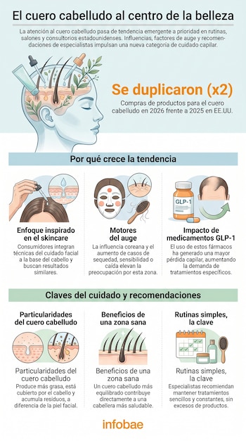 Infografía sobre el cuero cabelludo y la belleza, mostrando ilustraciones de una cabeza con productos capilares, comparaciones de piel, y elementos de cuidado diario.