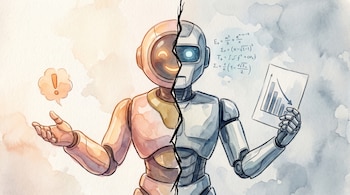 Robot humanoide dividido verticalmente. La mitad izquierda es naranja con ojo sonriente y mano abierta con exclamación. La mitad derecha es azul con ojo matemático y gráfico descendente.