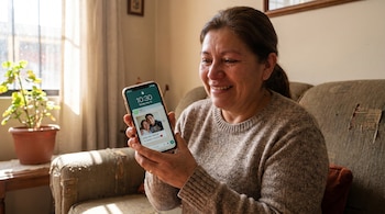 Una mujer de mediana edad con suéter marrón sonríe con lágrimas en los ojos mientras mira un smartphone que muestra un mensaje de WhatsApp y una foto.