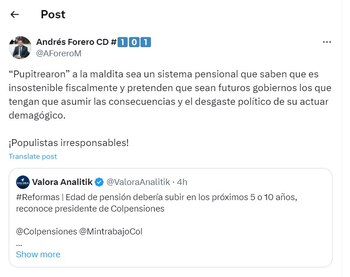 Andrés Forero califica como "populistas irresponsables" al Gobierno nacional - crédito @AForeroM