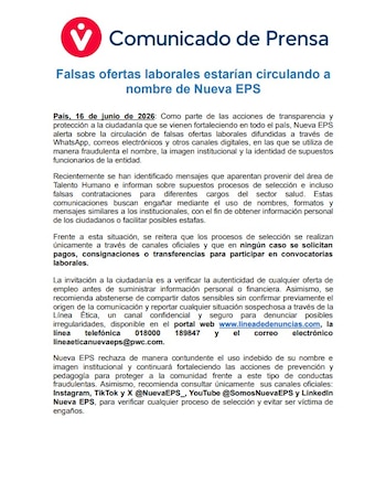 Los mensajes usan de forma fraudulenta el nombre y la imagen institucional de Nueva EPS para engañar a la ciudadanía - crédito Nueva EPS