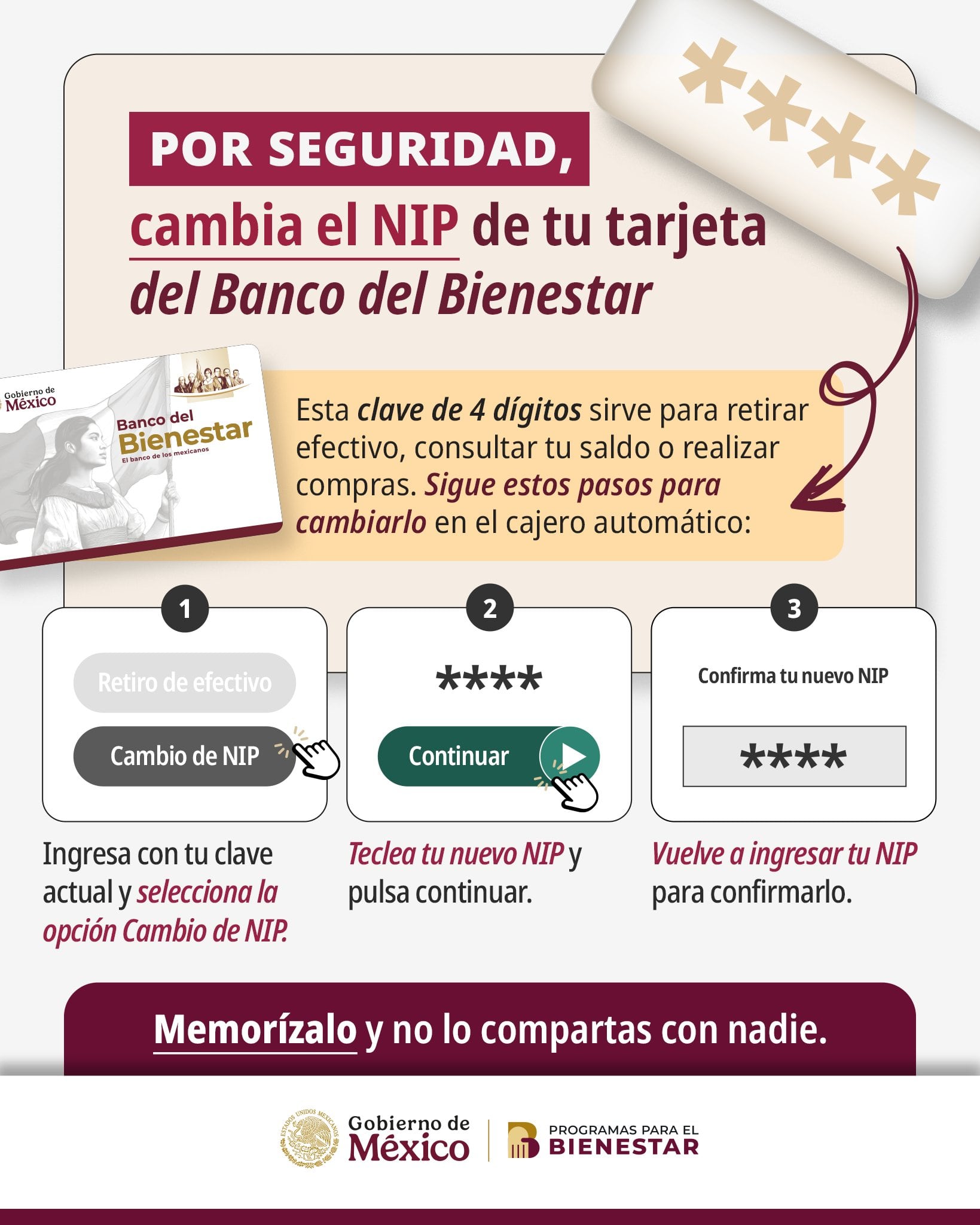 Proteger tu NIP es esencial, pues cualquier persona que lo conozca puede disponer de tus recursos. Crédito: Bienestar
