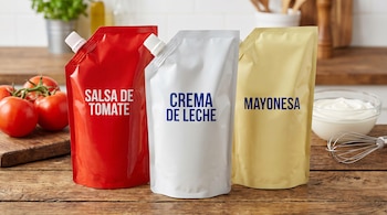 Primer plano de tres sachets grandes de alimentos: uno rojo de salsa de tomate, uno blanco de crema de leche y uno amarillo de mayonesa, sobre una mesa de madera.