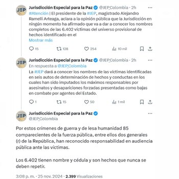 La JEP aclaró que solo revelará nombres vinculados a autos de determinación de hechos, tras la confusión generada por Rtvc - crédito @JEP_Colombia/X