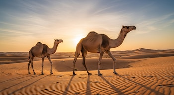 Dos camellos dromedarios caminan por dunas de arena dorada bajo un cielo azul y anaranjado de atardecer, dejando huellas en la arena.