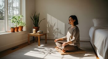 Mujer de cabello oscuro meditando en posición de loto sobre un cojín en su habitación. La luz solar entra por la ventana, iluminando plantas y un mueble.