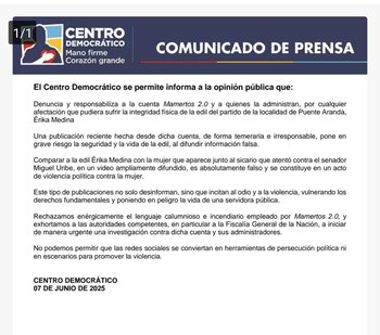 Comunicado del Centro Democrático donde