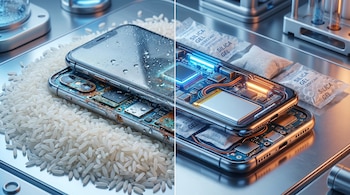 Un smartphone conceptual dividido en dos mitades sobre una superficie metálica; una parte está sobre arroz húmedo, la otra con sus circuitos expuestos y bolsas de gel de sílice.