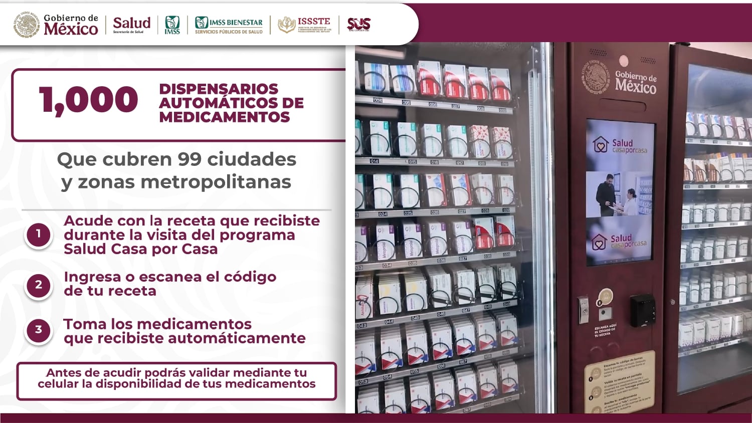 Las Farmacias del Bienestar entregarán gratuitamente 22 tipos de medicamentos a las personas atendidas por el programa Salud Casa por Casa que cuenten con una receta médica