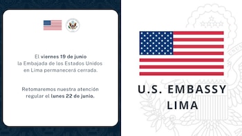 Embajada de EE.UU. en Perú anuncia que cerrará este viernes 19 de junio. (Foto composición: Infobae Perú/X:@USEMBASSYPERU)
