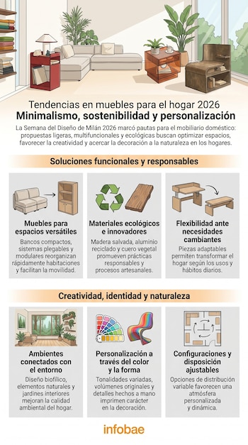 Ilustración de una sala de estar moderna con muebles minimalistas, plantas y estanterías, acompañada de una infografía sobre tendencias de diseño 2026.