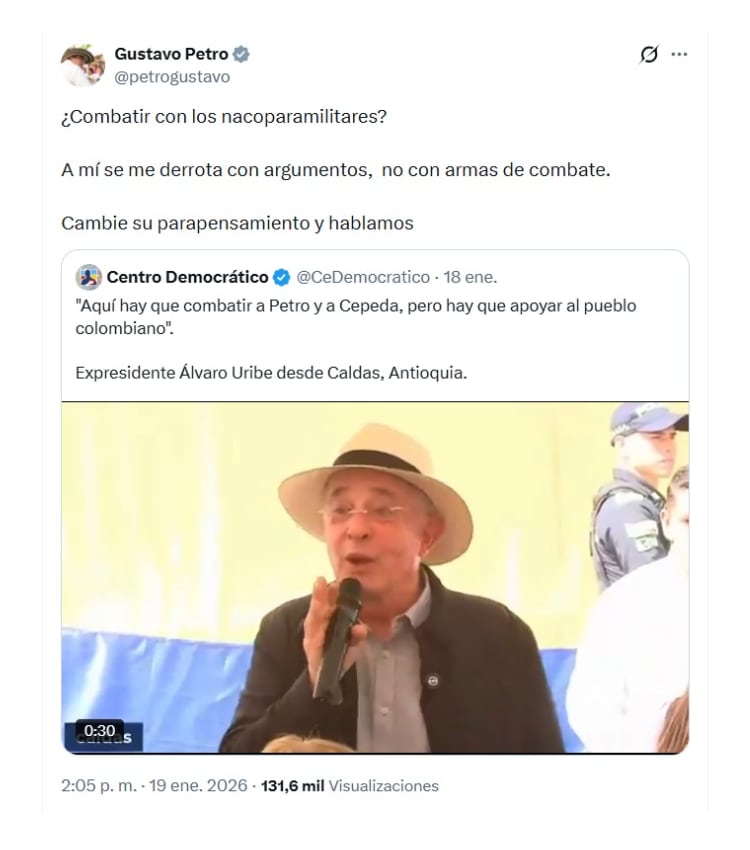 Con este mensaje en sus redes sociales, el presidente Gustavo Petro respondió a los comentarios del exmandatario Álvaro Uribe sobre el 'petrocepedismo' - crédito @petrogustavo/X