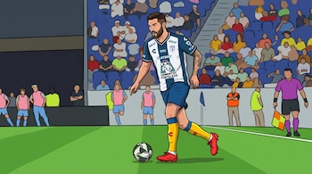 Caricatura de un futbolista con barba, camiseta de Pachuca azul y blanca, shorts azules, medias amarillas, driblando un balón en un estadio lleno de aficionados.