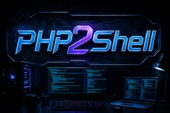 Letrero con la inscripción PHP2Shell sobre un escritorio con una computadora de escritorio, un teclado, una taza y una computadora portátil.