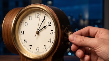 Mano que ajusta la perilla trasera de un reloj analógico de mesa de madera con esfera blanca y números arábigos.