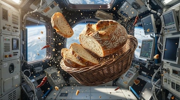 Una canasta de pan con rebanadas y migas flotando en el comedor de la Estación Espacial Internacional, con chiles rojos secos dispersos y la Tierra visible por la ventana.