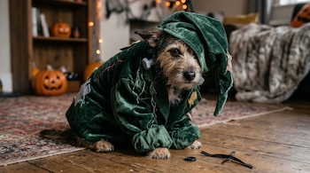 Un perro con traje y capucha de terciopelo verde se sienta en un suelo de madera junto a un botón desprendido y una cinta negra.