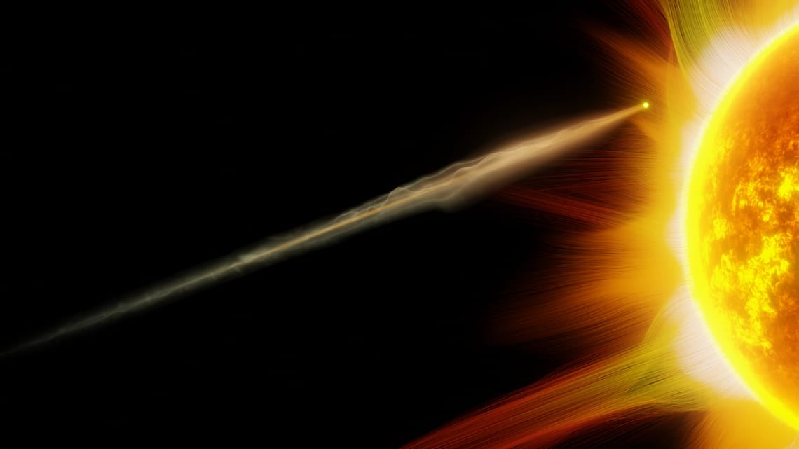 Ilustración de un cometa “sungrazer” durante su paso cercano al Sol, un momento crítico en el que puede intensificar su brillo o desintegrarse debido a la radiación extrema.