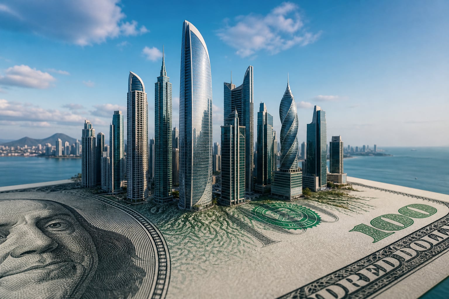 Un conjunto de rascacielos de Ciudad de Panamá se erige sobre un billete de cien dólares estadounidenses frente al mar. (Imagen Ilustrativa Infobae)