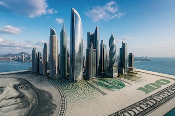 Rascacielos modernos construidos sobre la superficie de un billete de cien dólares estadounidenses, con el mar y el cielo de fondo.