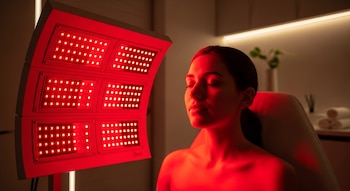 Primer plano de una mujer joven con el torso desnudo y ojos cerrados, recibiendo terapia de luz roja de un dispositivo con múltiples paneles LED que irradia luz roja intensa.
