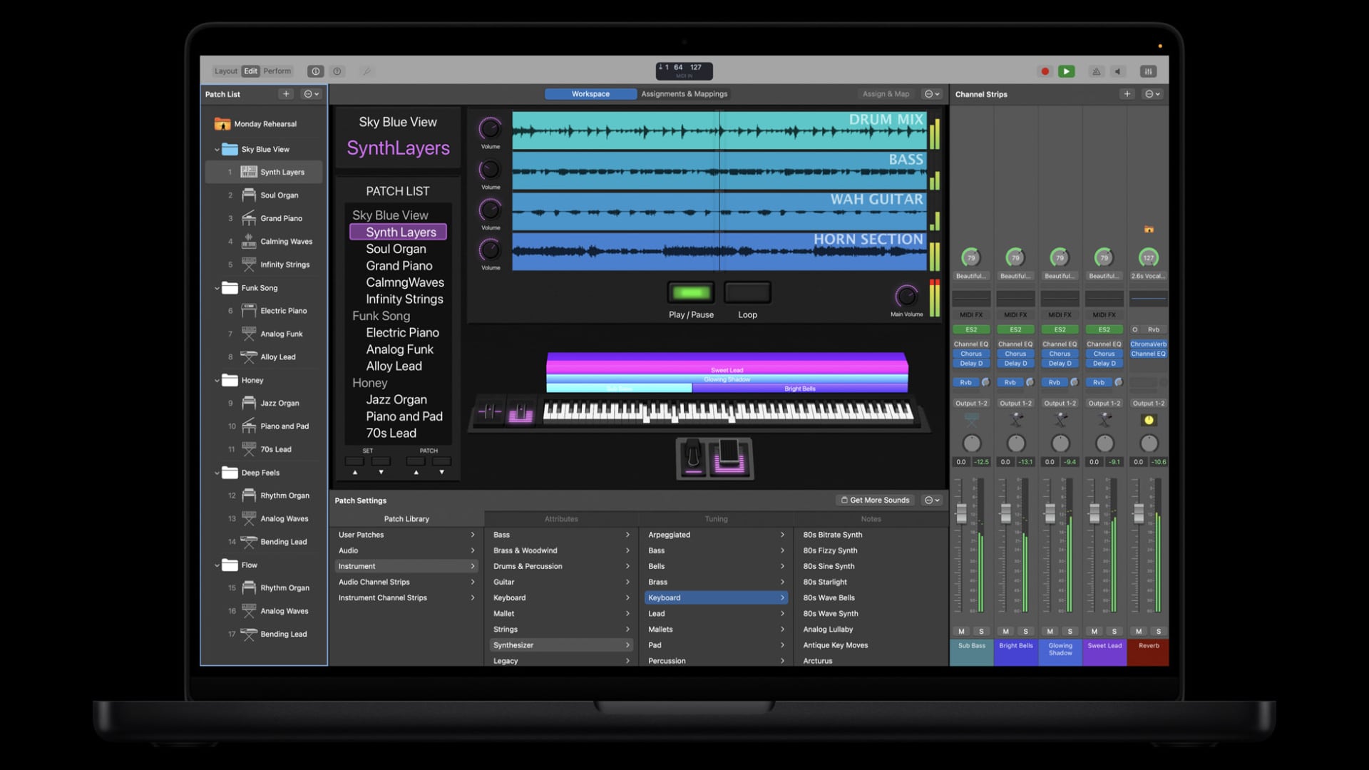 MainStage convierte la Mac en un procesador de efectos y sintetizador para actuaciones en vivo. (Apple)