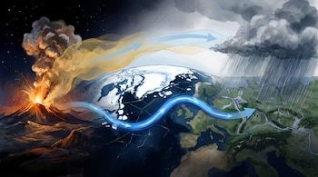 Ilustración de un volcán en erupción, el planeta Tierra con hielo ártico y corrientes de aire, y nubes de lluvia sobre Europa.