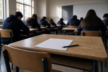 Un pupitre de madera con una hoja de papel y un lápiz en primer plano frente a varios alumnos sentados en un aula.