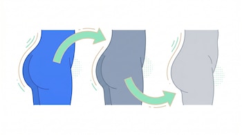 Ilustración plana con tres siluetas de glúteos de perfil: el primero firme (azul), el segundo intermedio, el tercero caído (gris). Flechas curvas verdes conectan las etapas.