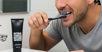 Un hombre joven se cepilla los dientes con pasta dental negra de carbón en un baño blanco, con un tubo de pasta al lado del grifo.